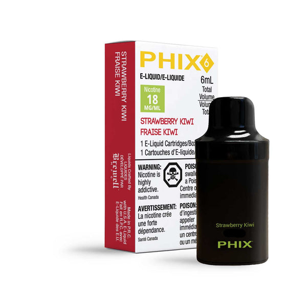 PHIX 6 pod in strawberry kiwi flavor, a small, rectangular device with a mouthpiece and the text 'strawberry kiwi' on its label.