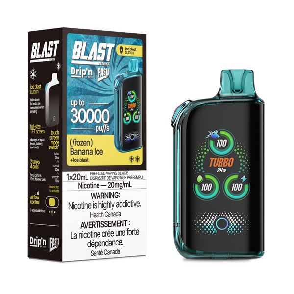 Rechargeable Drip'n Blast 30000 e-cig with touch screen, Turbo mode, up to 30,000 puffs, Banana Ice flavor.