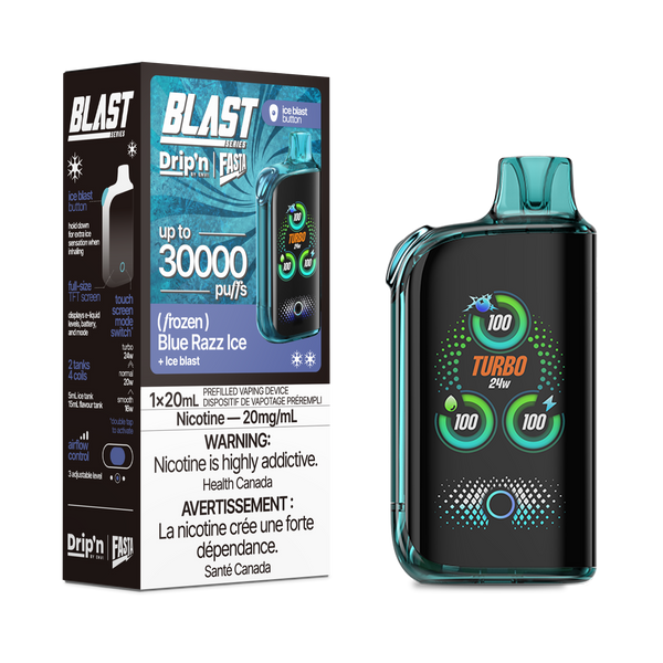 Rechargeable Drip'n Blast 30000 e-cig with touch screen, Turbo mode, up to 30,000 puffs, Blue Razz Ice flavor.