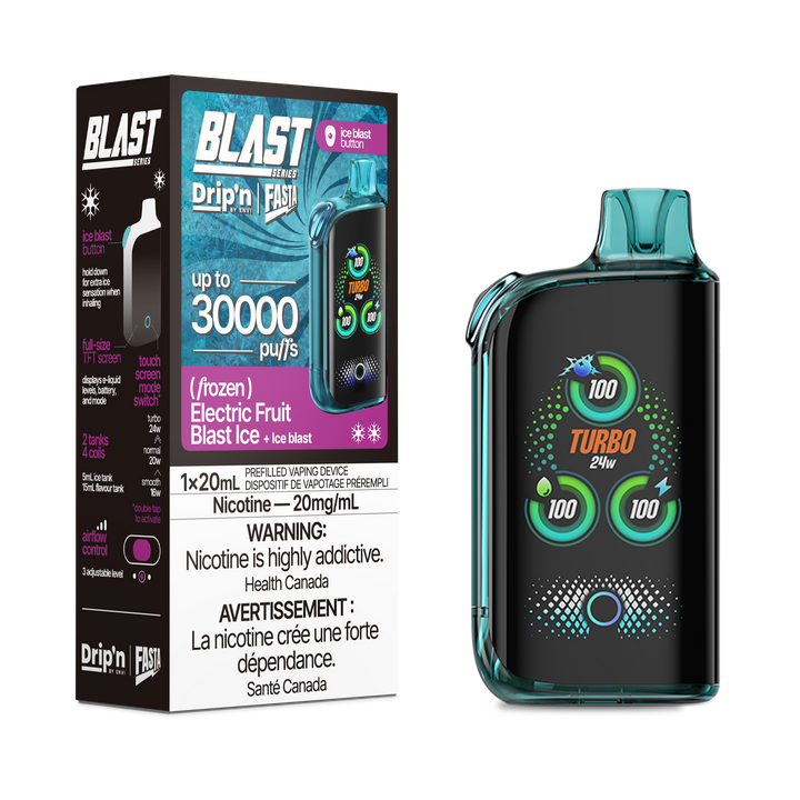 Rechargeable Drip'n Blast 30000 e-cig with touch screen, Turbo mode, up to 30,000 puffs, Electric Fruit Blast Ice Ice flavor.