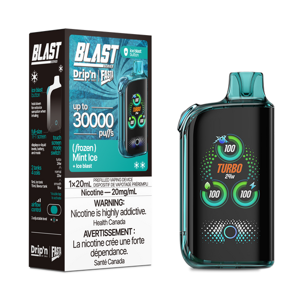 Rechargeable Drip'n Blast 30000 e-cig with touch screen, Turbo mode, up to 30,000 puffs, Mint Ice flavor.