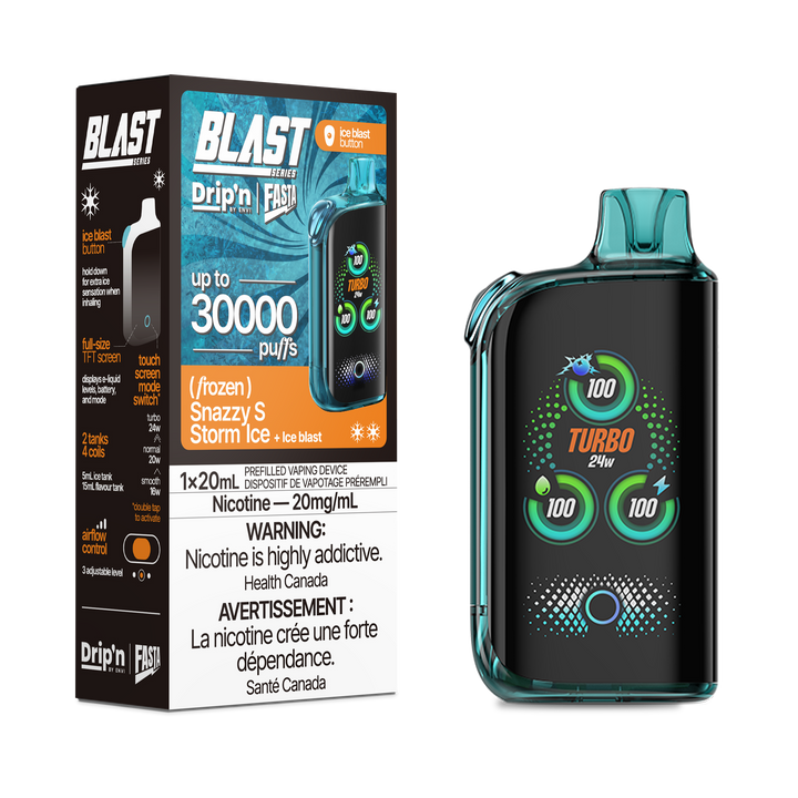 Rechargeable Drip'n Blast 30000 e-cig with touch screen, Turbo mode, up to 30,000 puffs, Snazzy Storm Ice flavor.