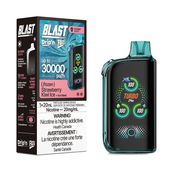 Rechargeable Drip'n Blast 30000 e-cig with touch screen, Turbo mode, up to 30,000 puffs, Strawberry Kiwi Ice flavor.