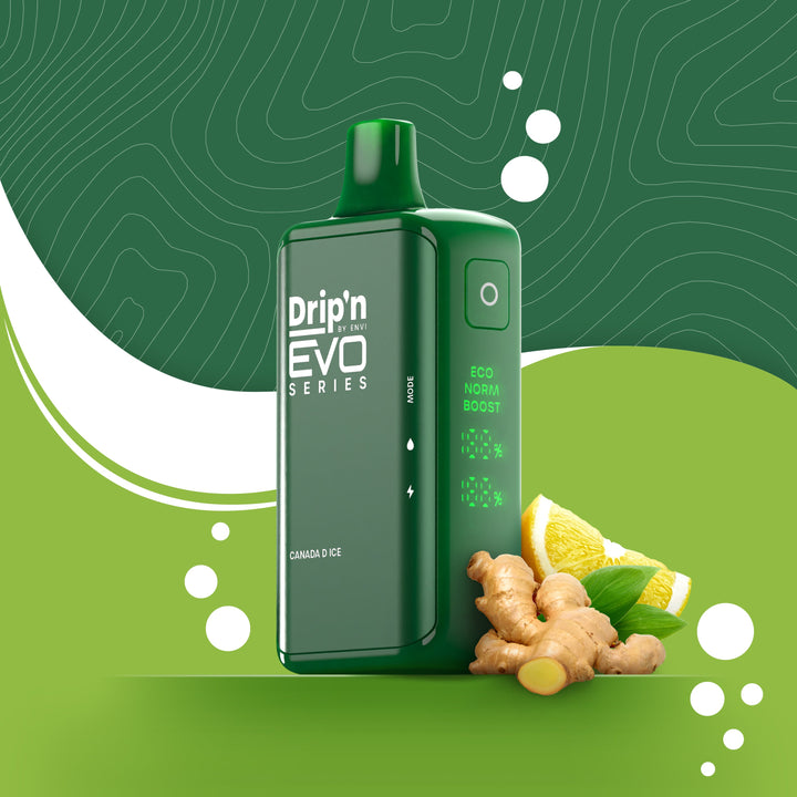 Drip'n EVO Series 28K Canada D disposable vape, 20mL capacity, 20mg/mL nicotine, with Health Canada warnings