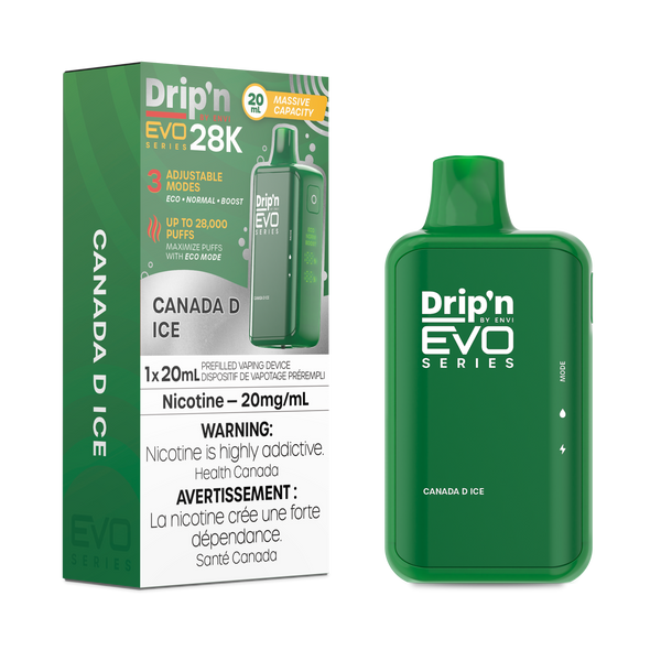 Drip'n EVO Series 28K Canada D disposable vape, 20mL capacity, 20mg/mL nicotine, with Health Canada warnings
