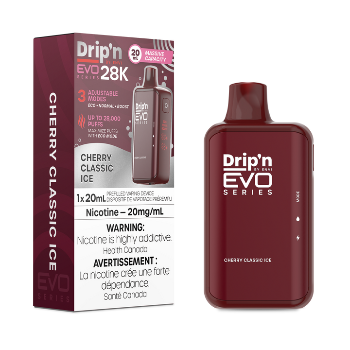 Drip'n EVO Series 28K Cherry Classic Ice disposable vape, 20mL capacity, 20mg/mL nicotine, with Health Canada warnings