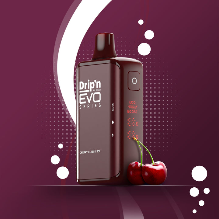 Drip'n EVO Series 28K Cherry Classic Ice disposable vape, 20mL capacity, 20mg/mL nicotine, with Health Canada warnings