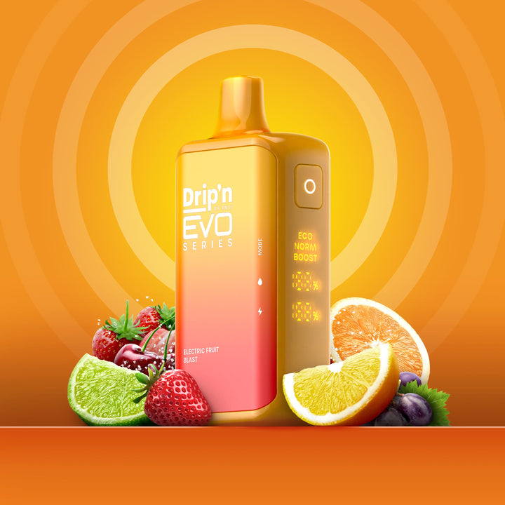 Drip'n EVO Series 28K Electric Fruit Blast disposable vape, 20mL capacity, 20mg/mL nicotine, with Health Canada warnings