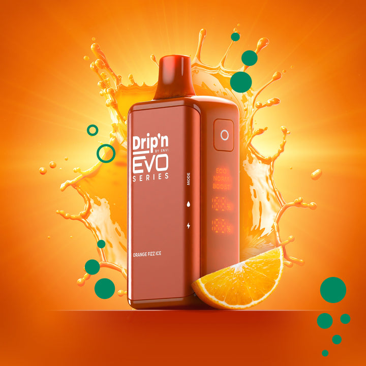 Drip'n EVO Series 28K Orange fizz Ice disposable vape, 20mL capacity, 20mg/mL nicotine, with Health Canada warnings
