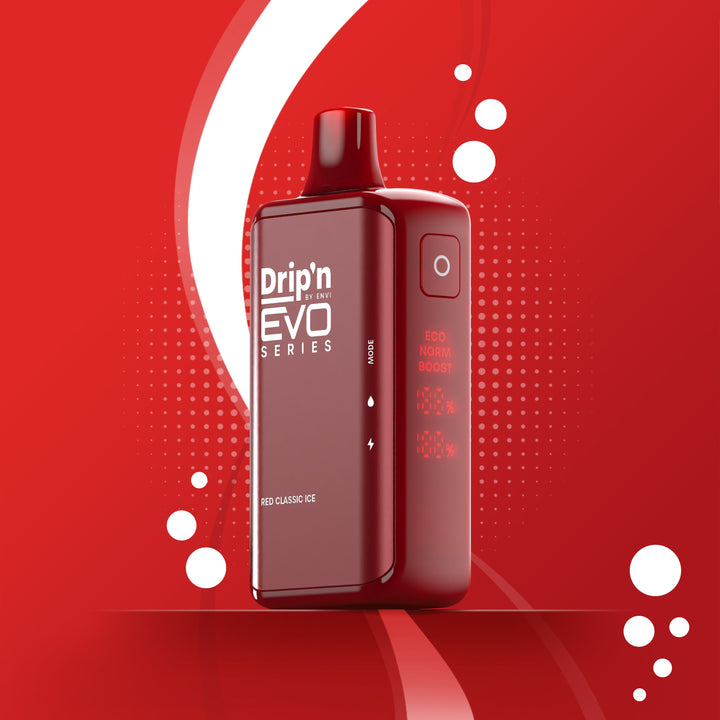 Drip'n EVO Series 28K Red Classic Ice disposable vape, 20mL capacity, 20mg/mL nicotine, with Health Canada warnings
