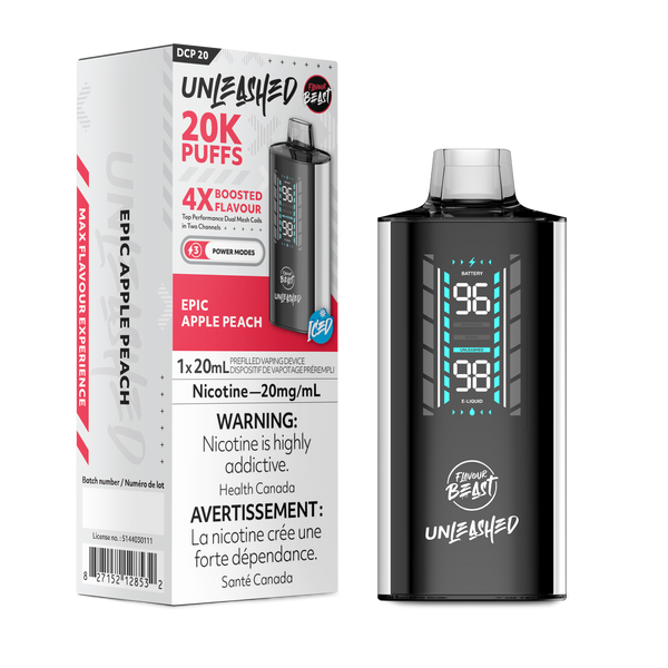 Flavour Beast Unleashed vape, Epic Apple Peach flavor, 20K puffs, 20mg/mL nicotine, digital display, Health Canada warning