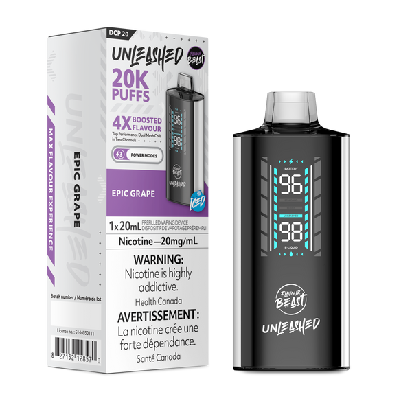 Flavour Beast Unleashed vape, Epic Grape flavor, 20K puffs, 20mg/mL nicotine, digital display, Health Canada warning.