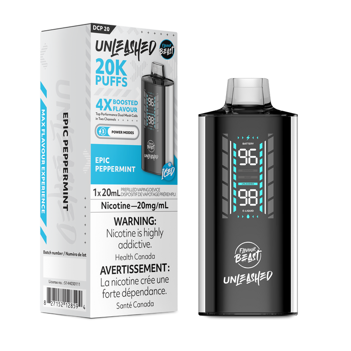 Flavour Beast Unleashed vape, Epic Peppermint flavor, 20K puffs, 20mg/mL nicotine, digital display, Health Canada warning.