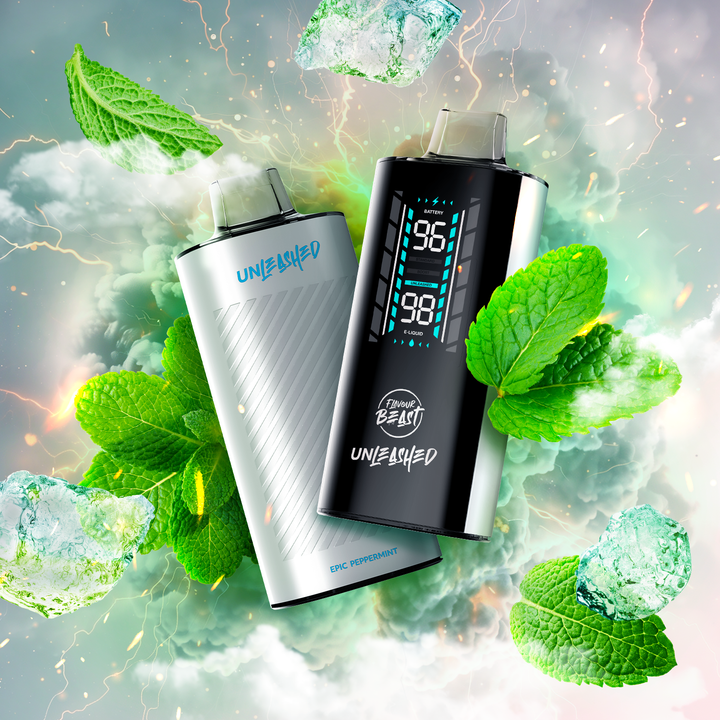 Two Flavour Beast Unleashed vapes in white and black, surrounded by peppermint leaves and ice cubes with a cool, refreshing background.