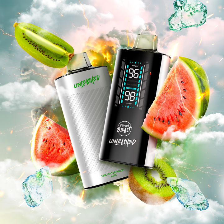 Two Flavour Beast Unleashed vapes in white and black, surrounded by kiwi, watermelon slices, and ice, with a vibrant background.