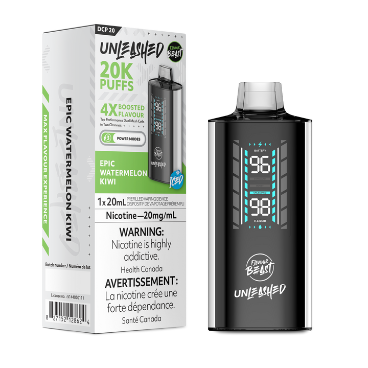 Flavour Beast Unleashed vape, Epic Watermelon Kiwi, 20K puffs, 20mg/mL nicotine, digital display, Health Canada nicotine warning.