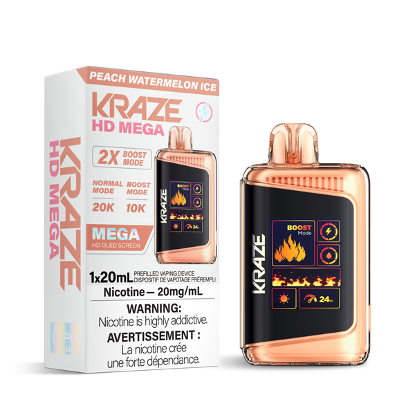 KRAZE MEGA 20K Peach Watermelon Ice disposable vape, 20ml 20mg nicotine, fruity mix with boost mode at Hazetown Vape Shop.