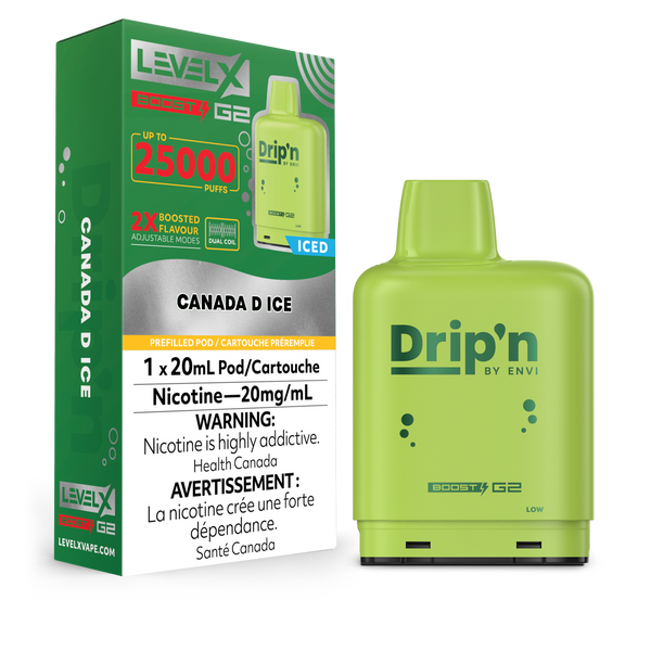 LEVEL X BOOST POD 25K DRIP'N CANADA D ICE POD AND PACKAGING