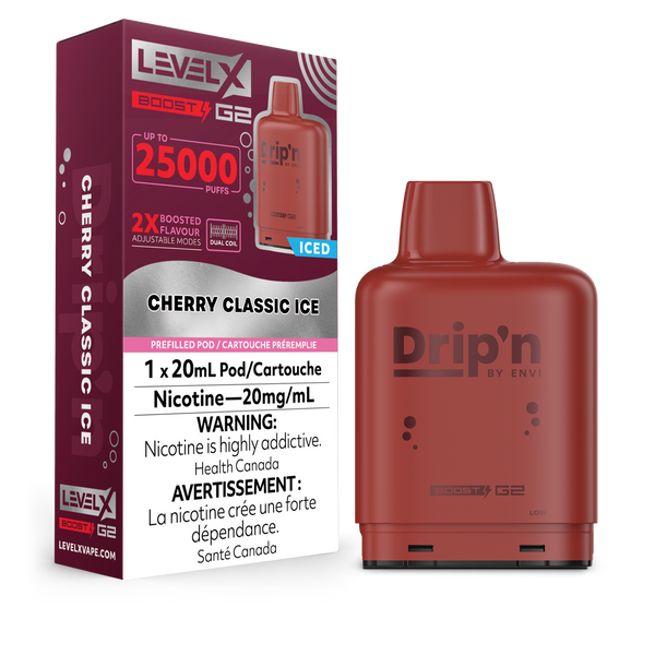 LEVEL X BOOST POD 25K DRIP'N CHERRY CLASSIC ICE POD AND PACKAGING
