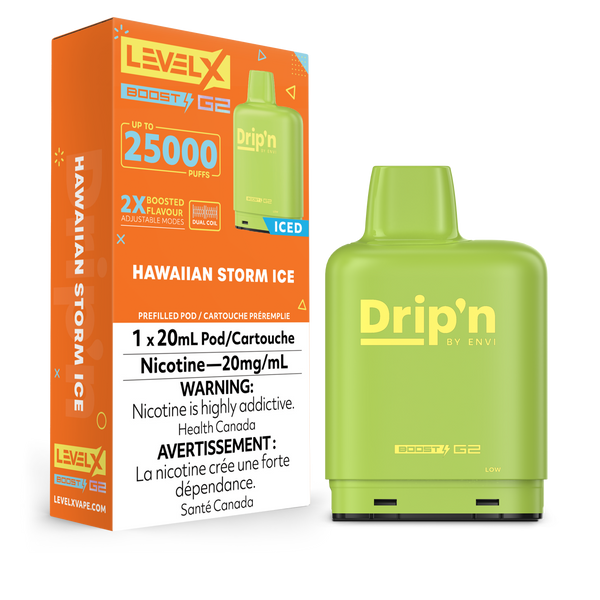 LEVEL X BOOST POD 25K DRIP'N HAWAIIAN STORM ICE POD AND PACKAGING