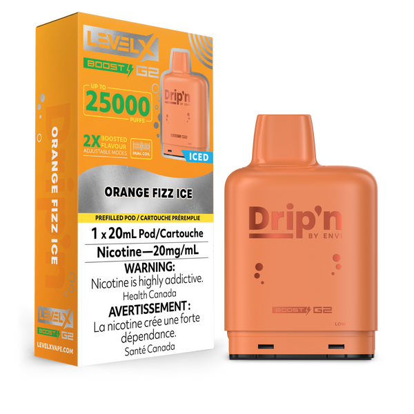 LEVEL X BOOST POD 25K DRIP'N ORANGE FIZZ ICE POD AND PACKAGING