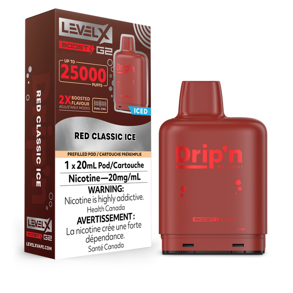 LEVEL X BOOST POD 25K DRIP'N RED CLASSIC ICE POD AND PACKAGING