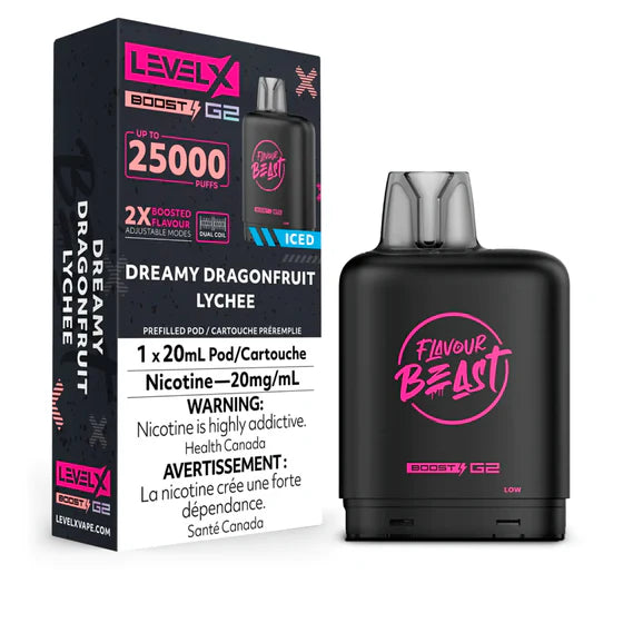 LEVEL X BOOST POD 25K FLAVOUR BEAST DREAMY DRAGONFRUIT LYCHEE ICED Device and packaging