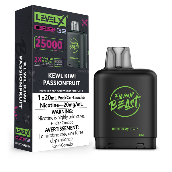 LEVEL X G2 POD 25K FLAVOUR BEAST KEWL KIWI PASSIONFRUIT POD AND PACKAGING