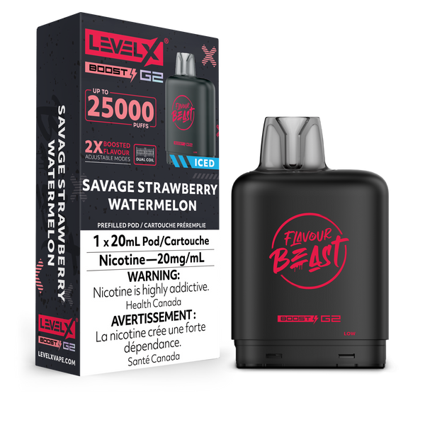 LEVEL X G2 POD 25K FLAVOUR BEAST SAVAGE STRAWBERRY WATERMELONPOD AND PACKAGING