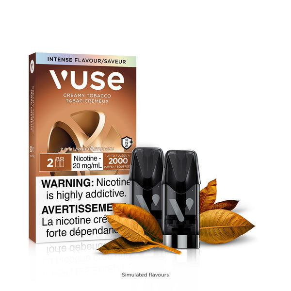 New Vuse Alto ePod Creamy Tobacco two pods surrounded by vivid tobacco leaves