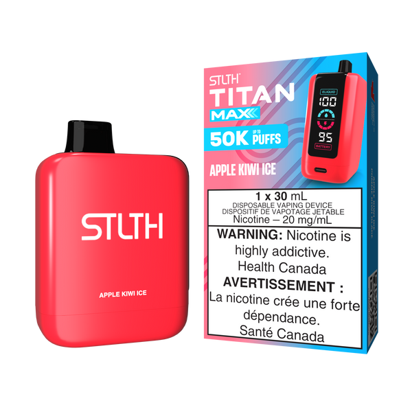 Red STLTH TITAN MAX vape device and box displaying "50K PUFFS, 20 mg/mL nicotine.