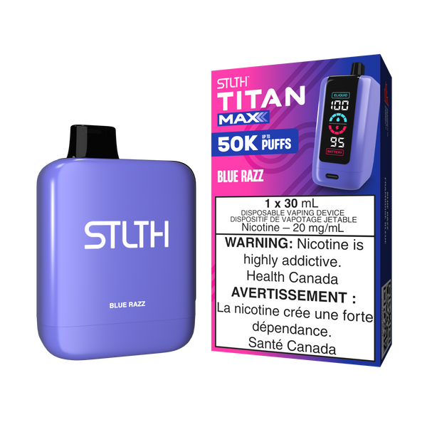 Blue STLTH TITAN MAX vape device next to box stating "50K PUFFS, 20 mg/mL nicotine."