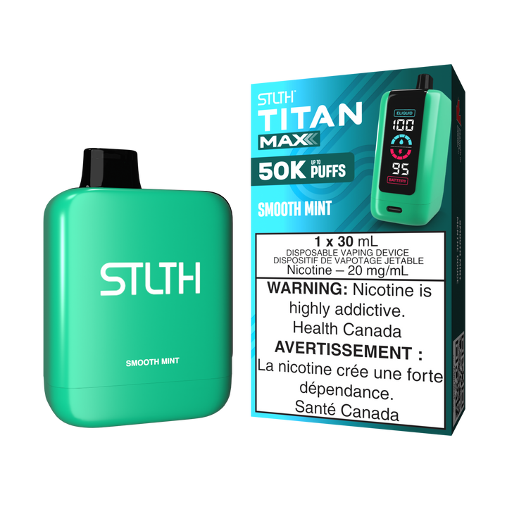 Green STLTH TITAN MAXX vape with package showing "50K PUFFS, 20 mg/mL nicotine."