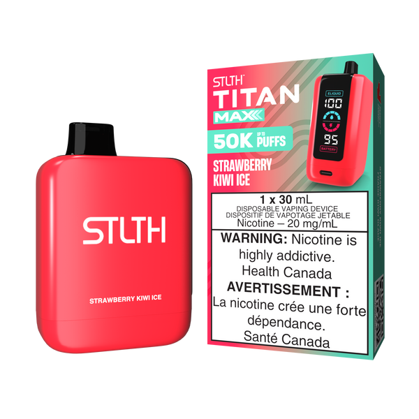 Red STLTH TITAN MAXX vape device with box indicating "50K PUFFS, 20 mg/mL nicotine."