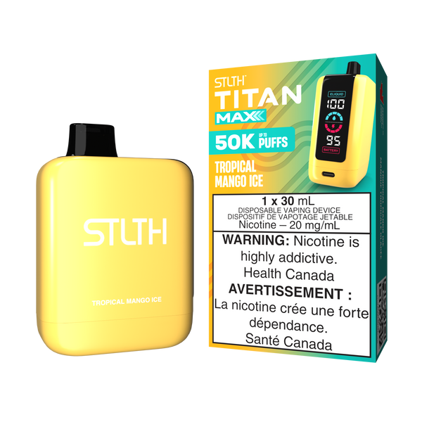 Light yellow STLTH TITAN MAXX vape and box with "50K PUFFS, 20 mg/mL nicotine."