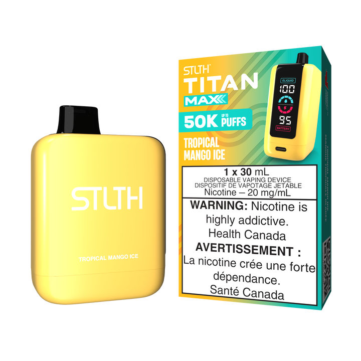 Light yellow STLTH TITAN MAXX vape and box with "50K PUFFS, 20 mg/mL nicotine."