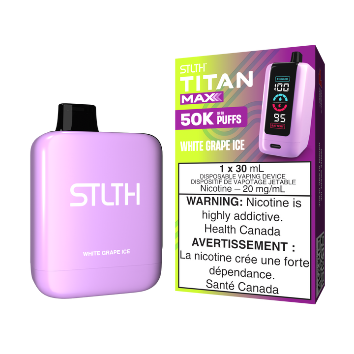 Light purple STLTH TITAN MAXX vape device beside box noting "50K PUFFS, 20 mg/mL nicotine."