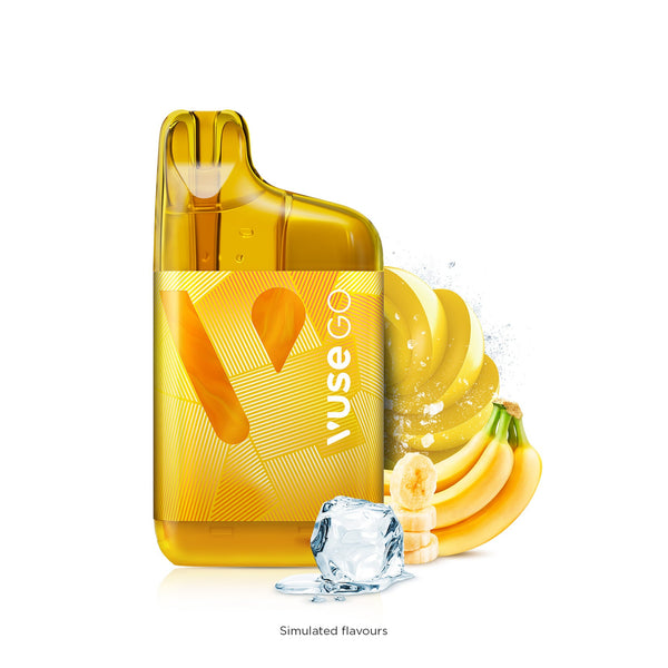 Vuse Go 5000 Boost Rechargeable Disposable Banana Ice with sliced frsh bananas and and melted ice cube