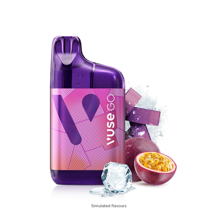 Vuse Go 5000 Boost Rechargeable Disposable Passionfruit Ice Device with passionfruit and ice cube
