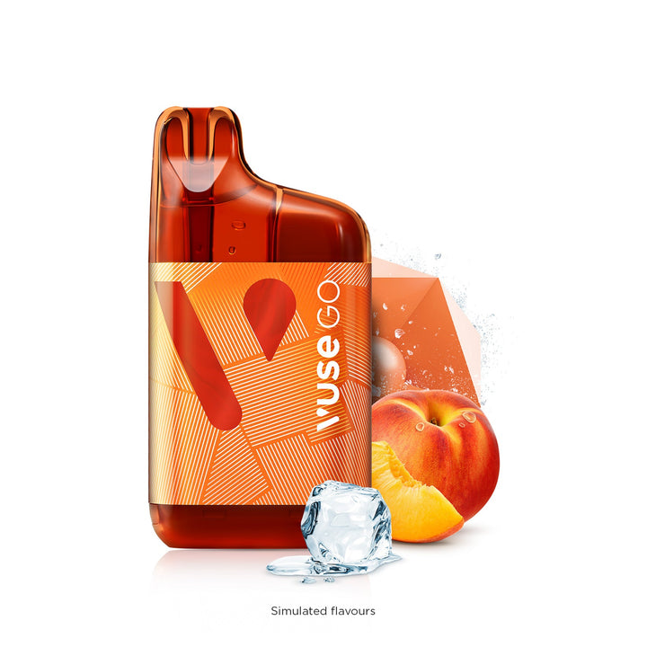 Vuse Go 5000 Boost Rechargeable Disposable with Peach and a melting ice cube