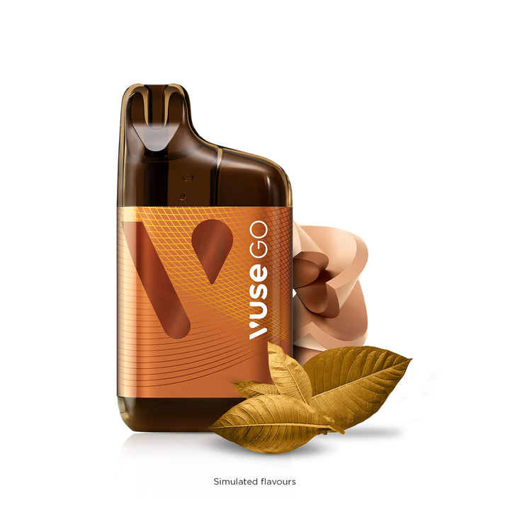 Vuse Go 5000 Boost Rechargeable Disposable Smooth Tobacco Device with brown tobacco leaves