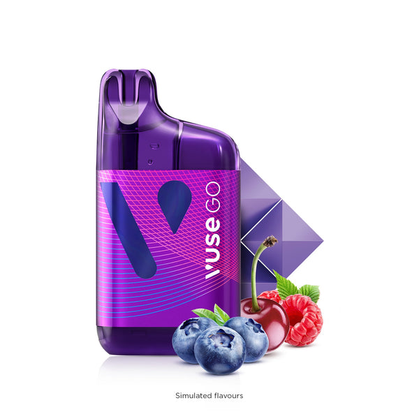 Vuse Go 5000 Boost Rechargeable Disposable Sparkling Berry device with blueberries, a cherry, and raspberries