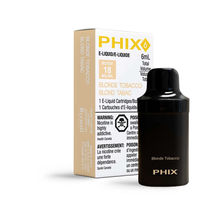 PHIX 6 pod in blonde tobacco flavor, a small, rectangular device with a mouthpiece and the text 'blonde tobacco' on its label