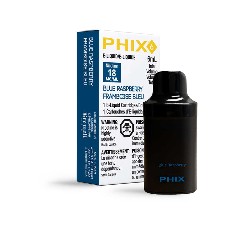 PHIX 6 pod in blue raspberry flavor, a small, rectangular device with a mouthpiece and the text 'blue raspberry' on its label