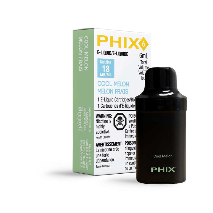 PHIX 6 pod in cool melon flavor, a small, rectangular device with a mouthpiece and the text 'cool melon' on its label