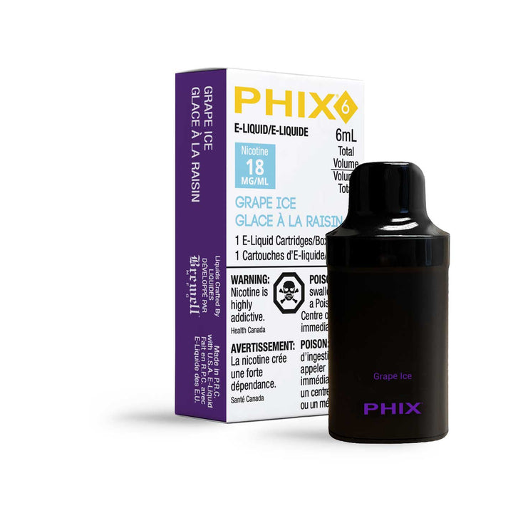PHIX 6 pod in grape flavor, a small, rectangular device with a mouthpiece and the text 'grape' on its label