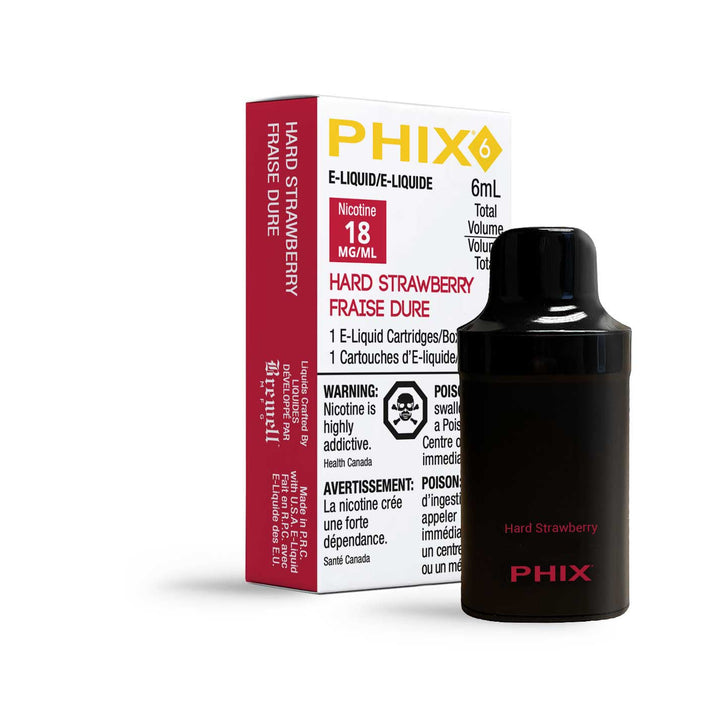 PHIX 6 pod in hard strawberry flavor, a small, rectangular device with a mouthpiece and the text 'hard strawberry' on its label