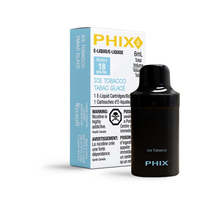 PHIX 6 pod in ice tobacco flavor, a small, rectangular device with a mouthpiece and the text 'ice tobacco' on its label