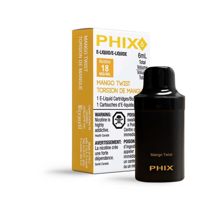 PHIX 6 pod in mango twist flavor, a small, rectangular device with a mouthpiece and the text 'mango twist' on its label