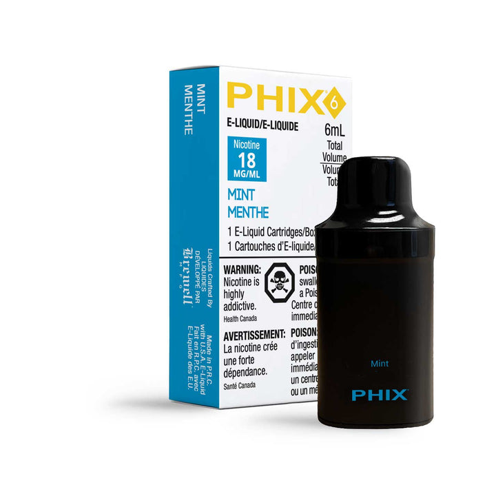 PHIX 6 pod in mint flavor, a small, rectangular device with a mouthpiece and the text 'mint' on its label